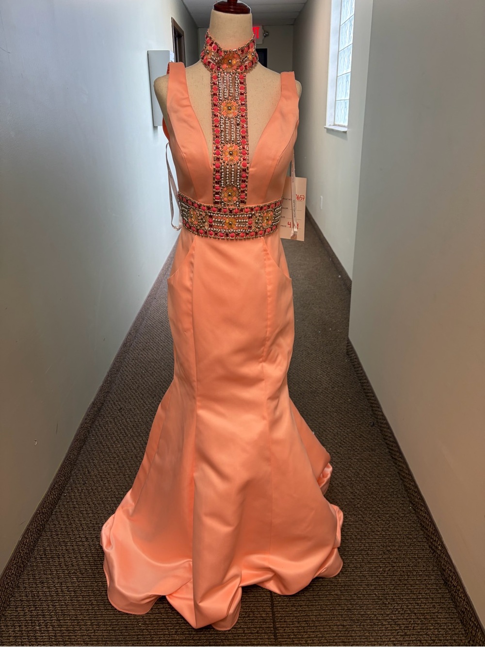 Rachel Allan - Sz 4 -Coral Beaded Halter-Mermaid Gown